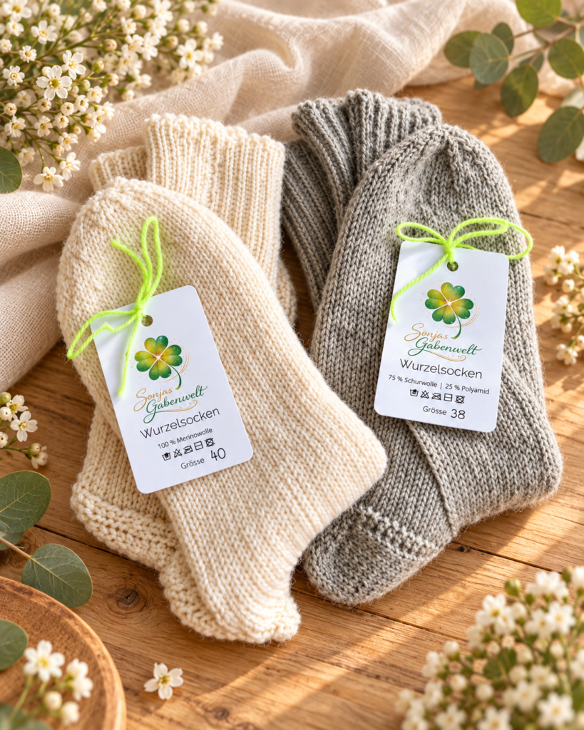 Handgestrickte Wurzelsocken in Creme und Grau mit Etiketten von Sonja’s Gabenwelt.
