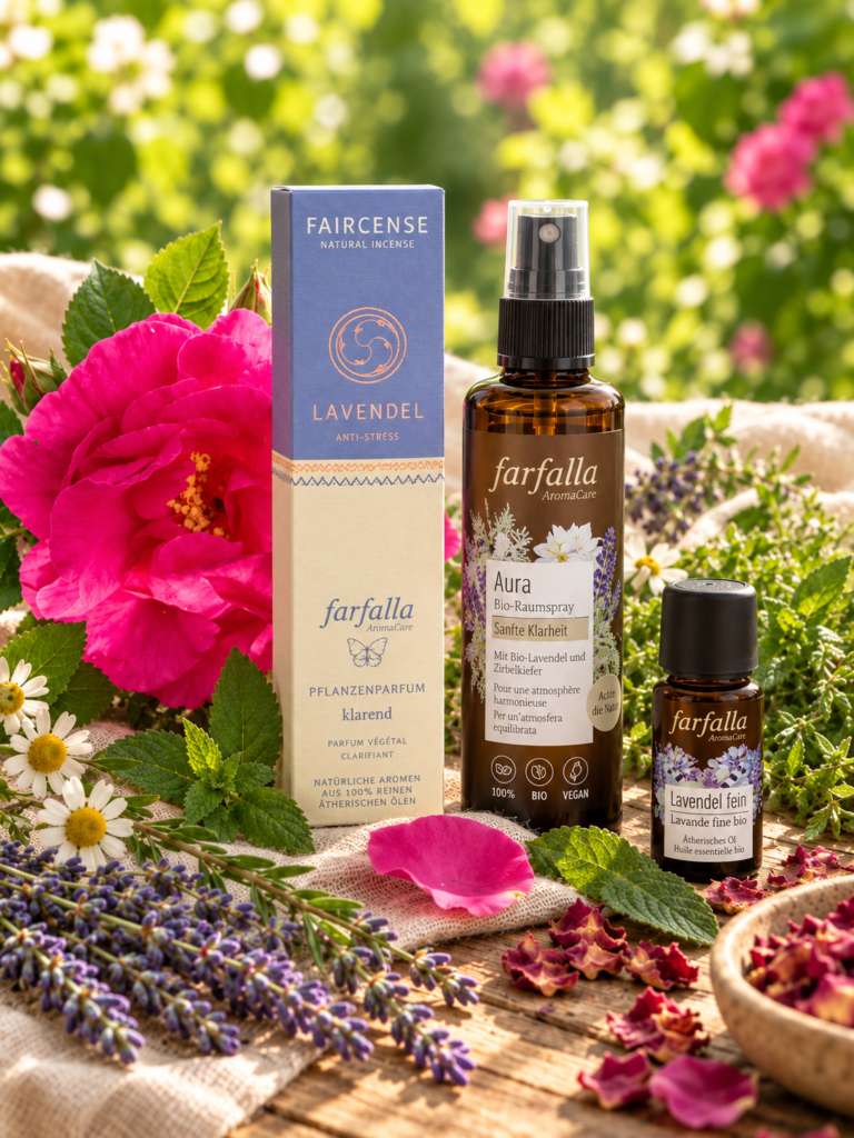 Farfalla-Duftprodukte mit Lavendel, Rosenblüten und Kräutern auf einem Holztisch.