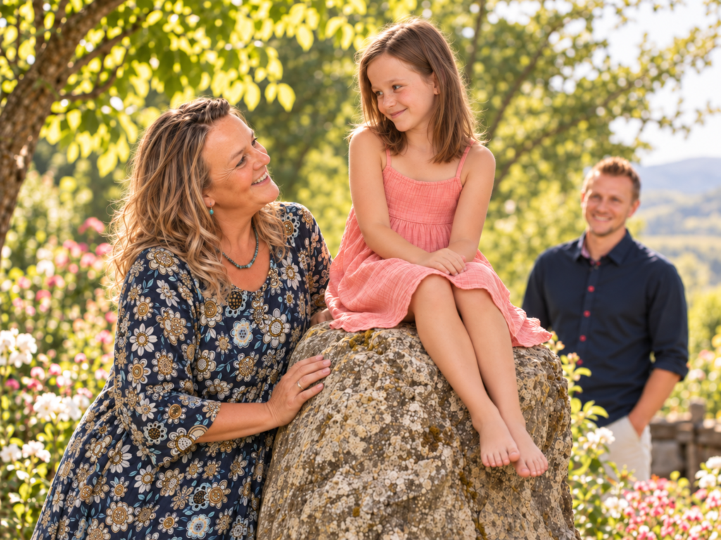 Sonja Kessler im Gespräch mit einem Mädchen auf einem grossen Stein, Christopher im Hintergrund.