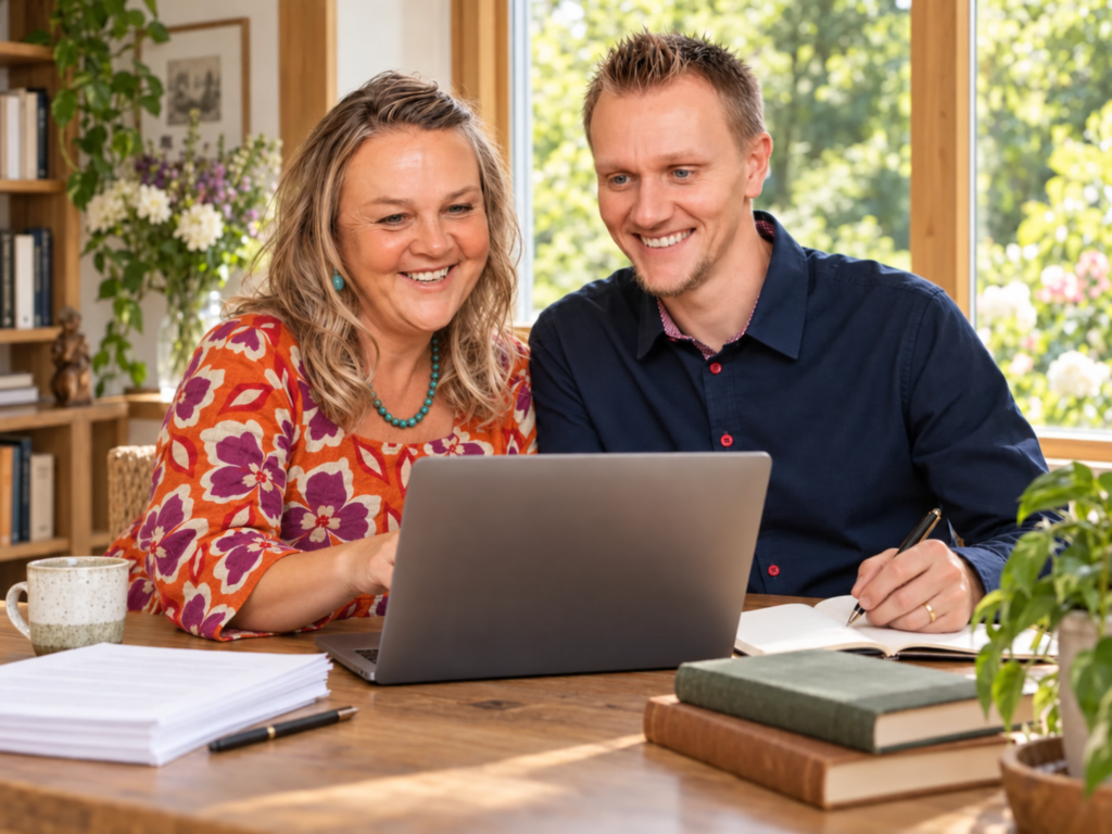 Sonja und Christopher Kessler gemeinsam am Laptop, mit Notizen und Büchern auf dem Tisch.