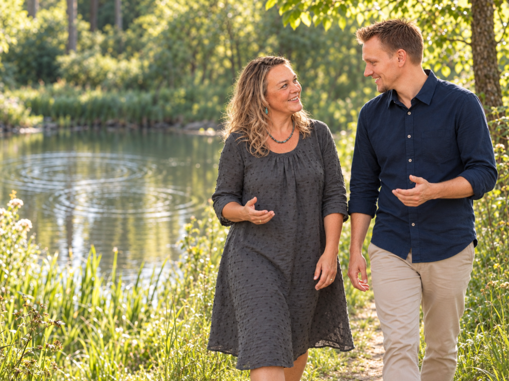 Sonja und Christopher Kessler im Gespräch bei einem Spaziergang am bewachsenen Ufer eines Teichs.