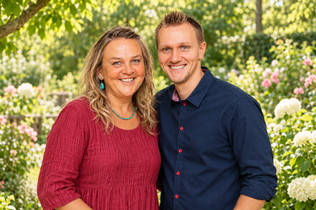 Sonja und Christopher Kessler stehen gemeinsam in einem blühenden Garten.