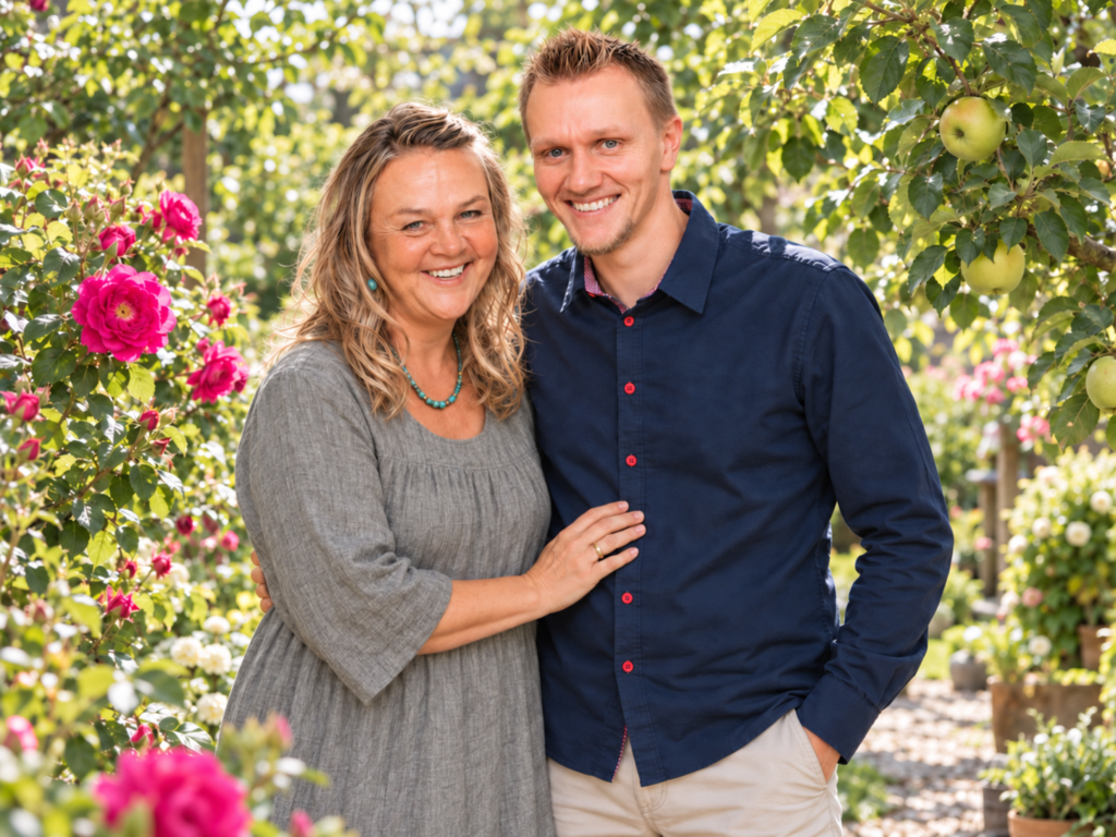 Sonja und Christopher Kessler im Garten zwischen blühenden Rosen und einem Obstbaum.